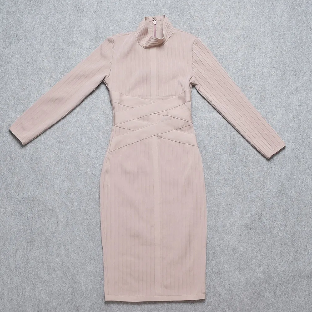 BEAUKEY Red  HL Bandage Dress 2020 Nude Turtleneck Long Sleeve Dress High Quality Ribbed Womens Midi Bodycon Dress Sexy Maxi XL