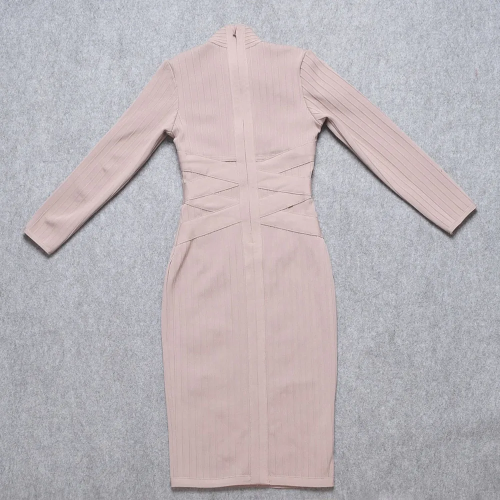 BEAUKEY Red  HL Bandage Dress 2020 Nude Turtleneck Long Sleeve Dress High Quality Ribbed Womens Midi Bodycon Dress Sexy Maxi XL