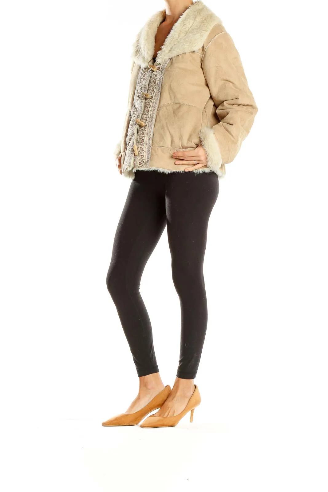 Beige Embroidered Faux Fur Collar Coat
