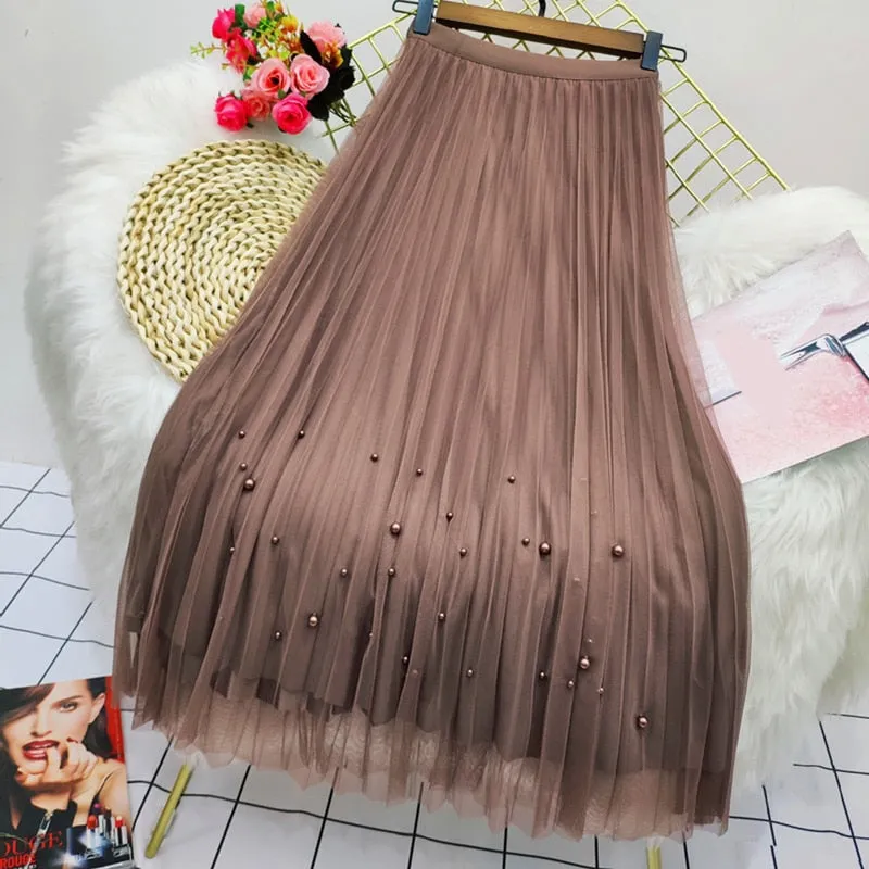 Bjlxn Both Sides Wear Pearls Mesh Skirt Women Summer Velvet High Waist Long Skirts Woman Solid Color A Line Pleated Skirts
