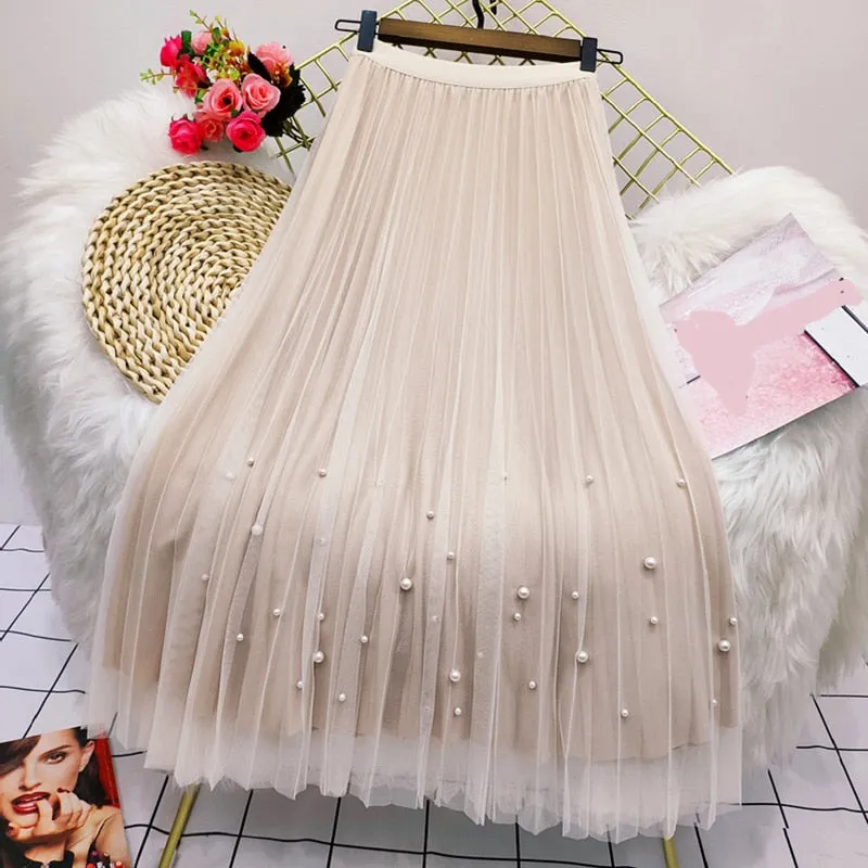 Bjlxn Both Sides Wear Pearls Mesh Skirt Women Summer Velvet High Waist Long Skirts Woman Solid Color A Line Pleated Skirts