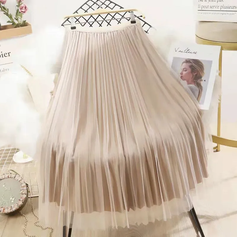 Bjlxn Both Sides Wear Pearls Mesh Skirt Women Summer Velvet High Waist Long Skirts Woman Solid Color A Line Pleated Skirts