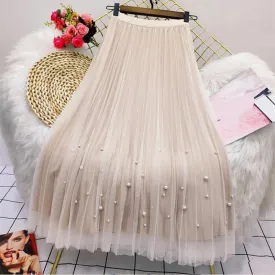 Bjlxn Both Sides Wear Pearls Mesh Skirt Women Summer Velvet High Waist Long Skirts Woman Solid Color A Line Pleated Skirts