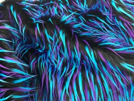 Black 3 tone multi color faux fun fur-turquoise-purple-shaggy polyster faux fur-jackets-fashion-apparel-decorations-sold by the yard.