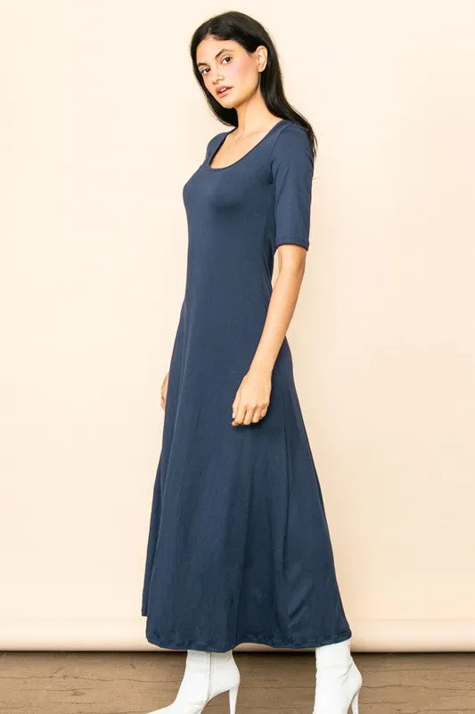Blue Grey Scoop Neck Half Sleeve Knit Maxi Dress