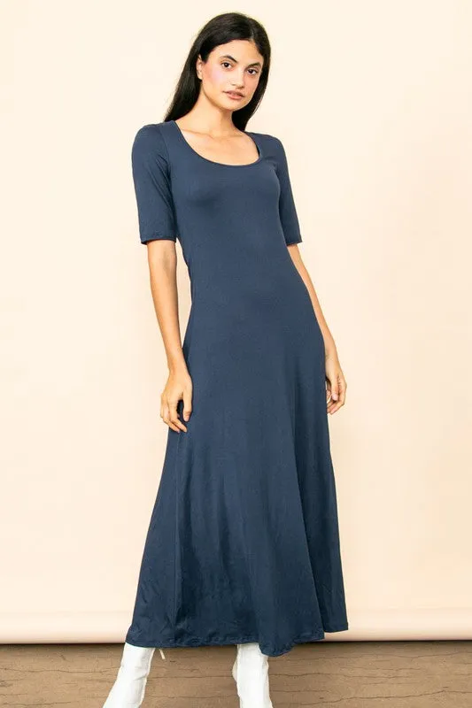 Blue Grey Scoop Neck Half Sleeve Knit Maxi Dress
