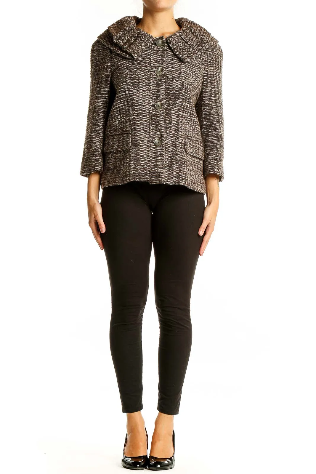 Brown Textured Knit Cropped Jacket