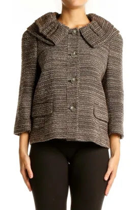 Brown Textured Knit Cropped Jacket