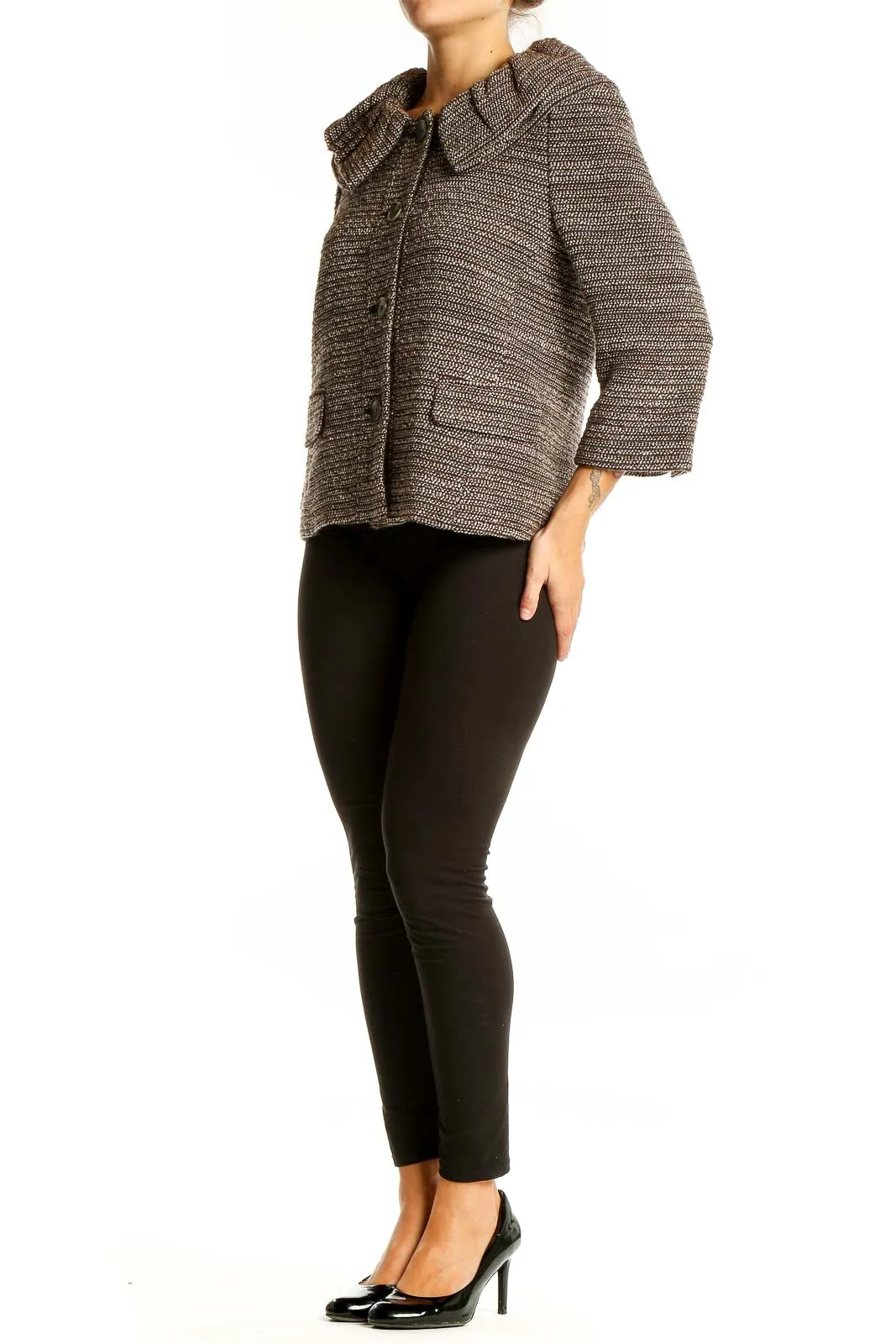 Brown Textured Knit Cropped Jacket