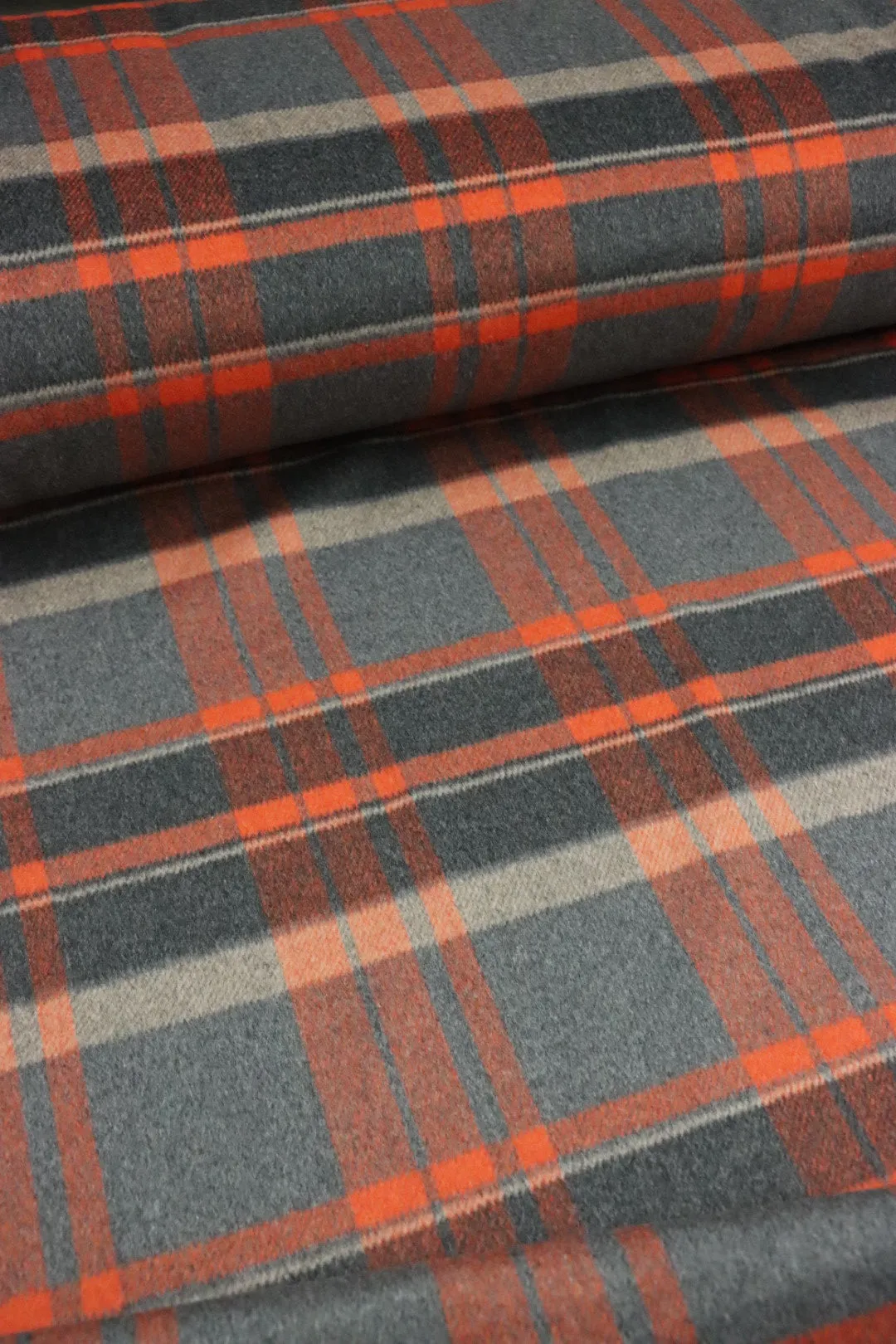 Charcoal & Hot Orange Plaid Mid-Weight Woven Wool