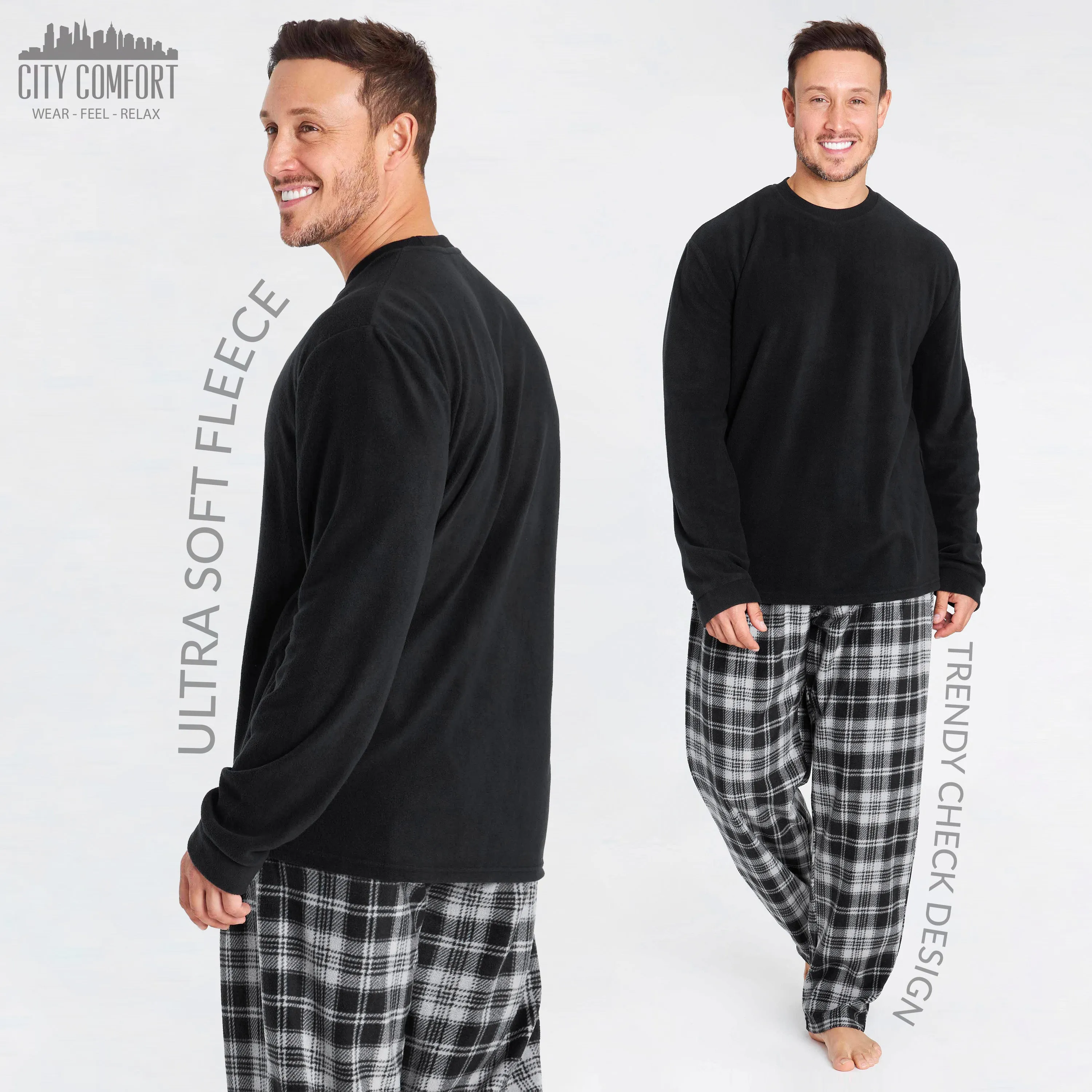 CityComfort Mens Pyjamas Set, 2 Piece Set Loungewear - Black & Grey Pyjama Set