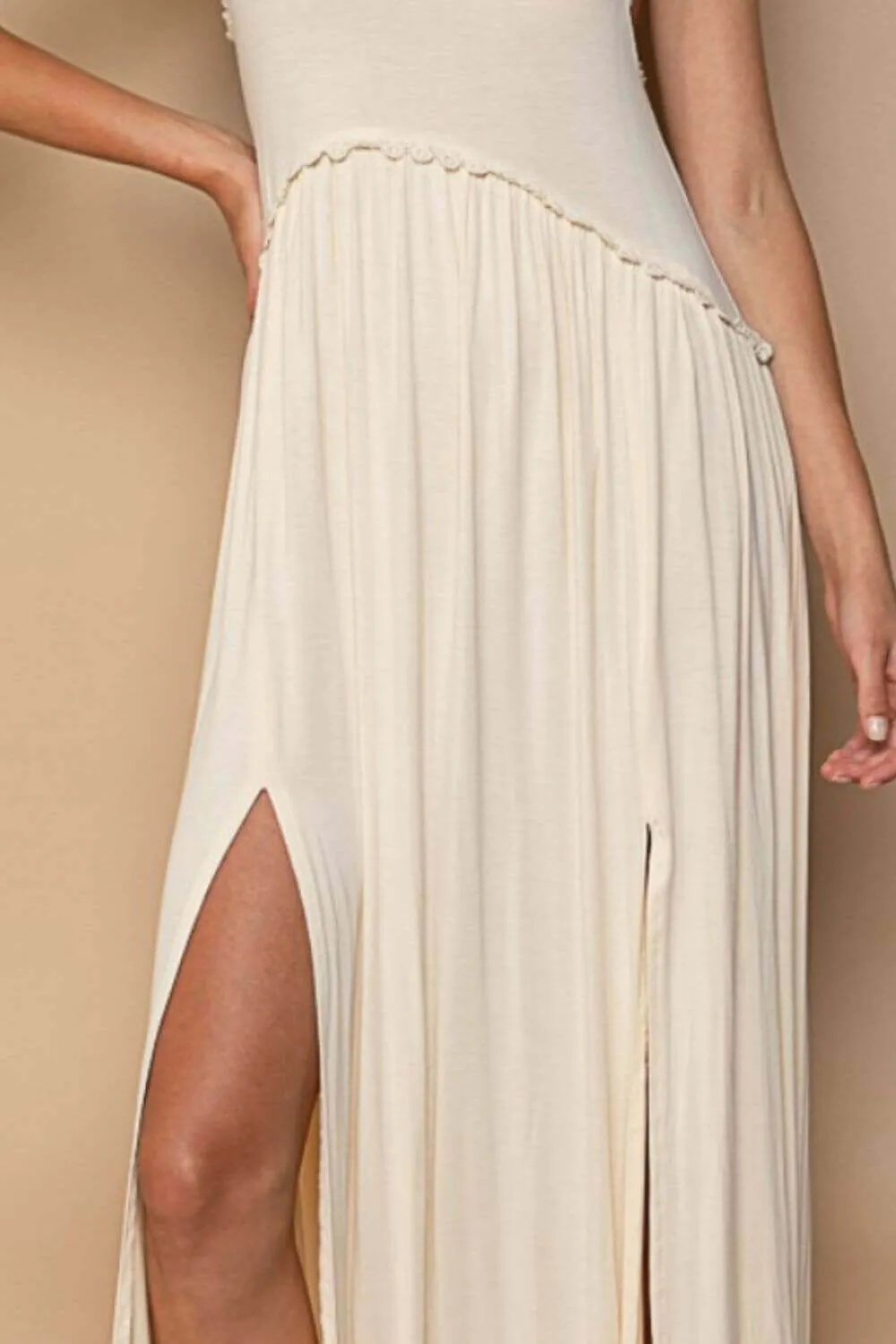 Cream White Sleeveless Back Zipper Front Slit Maxi Dress
