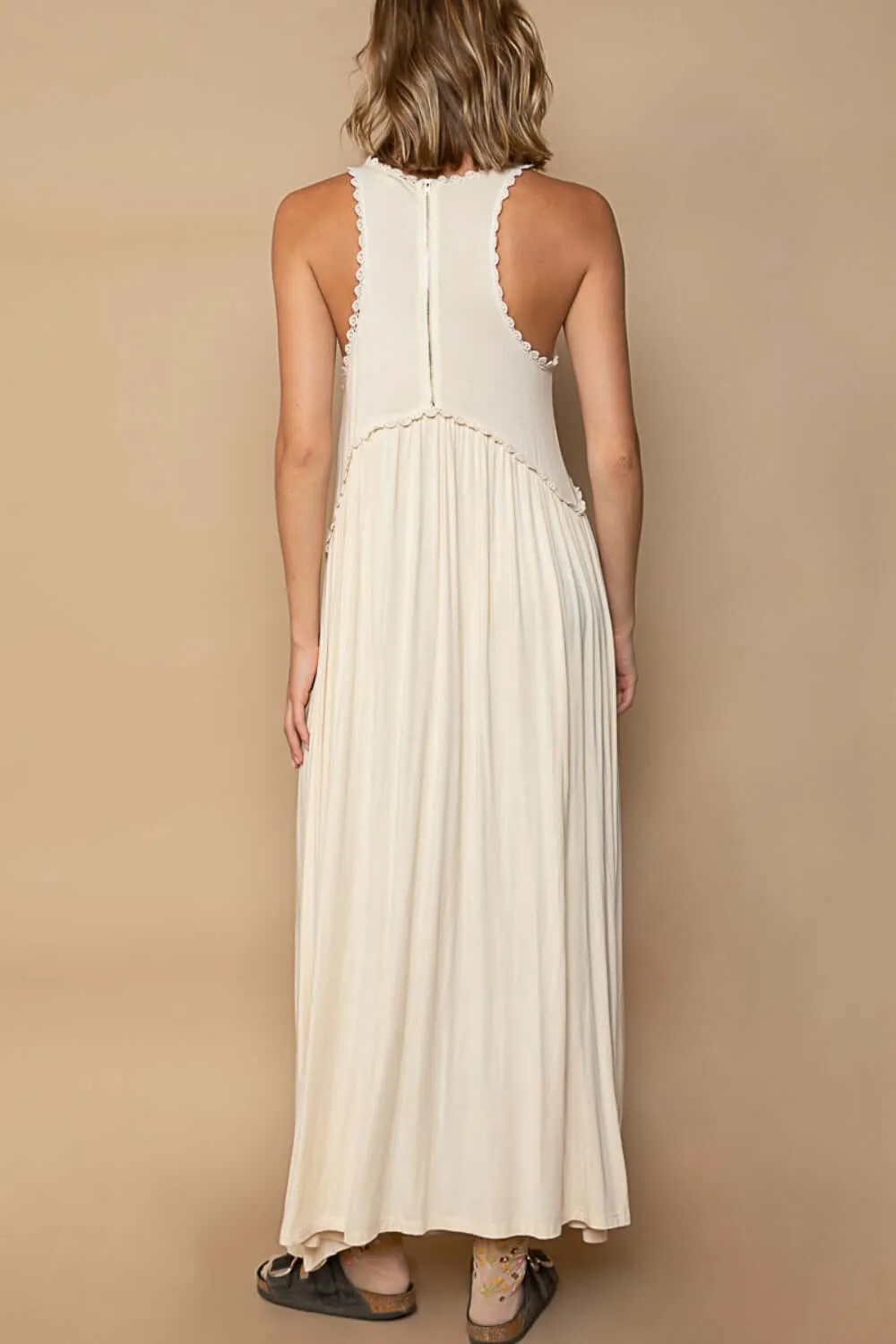 Cream White Sleeveless Back Zipper Front Slit Maxi Dress