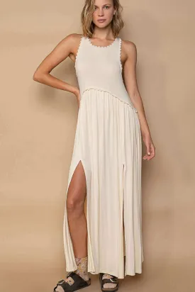 Cream White Sleeveless Back Zipper Front Slit Maxi Dress