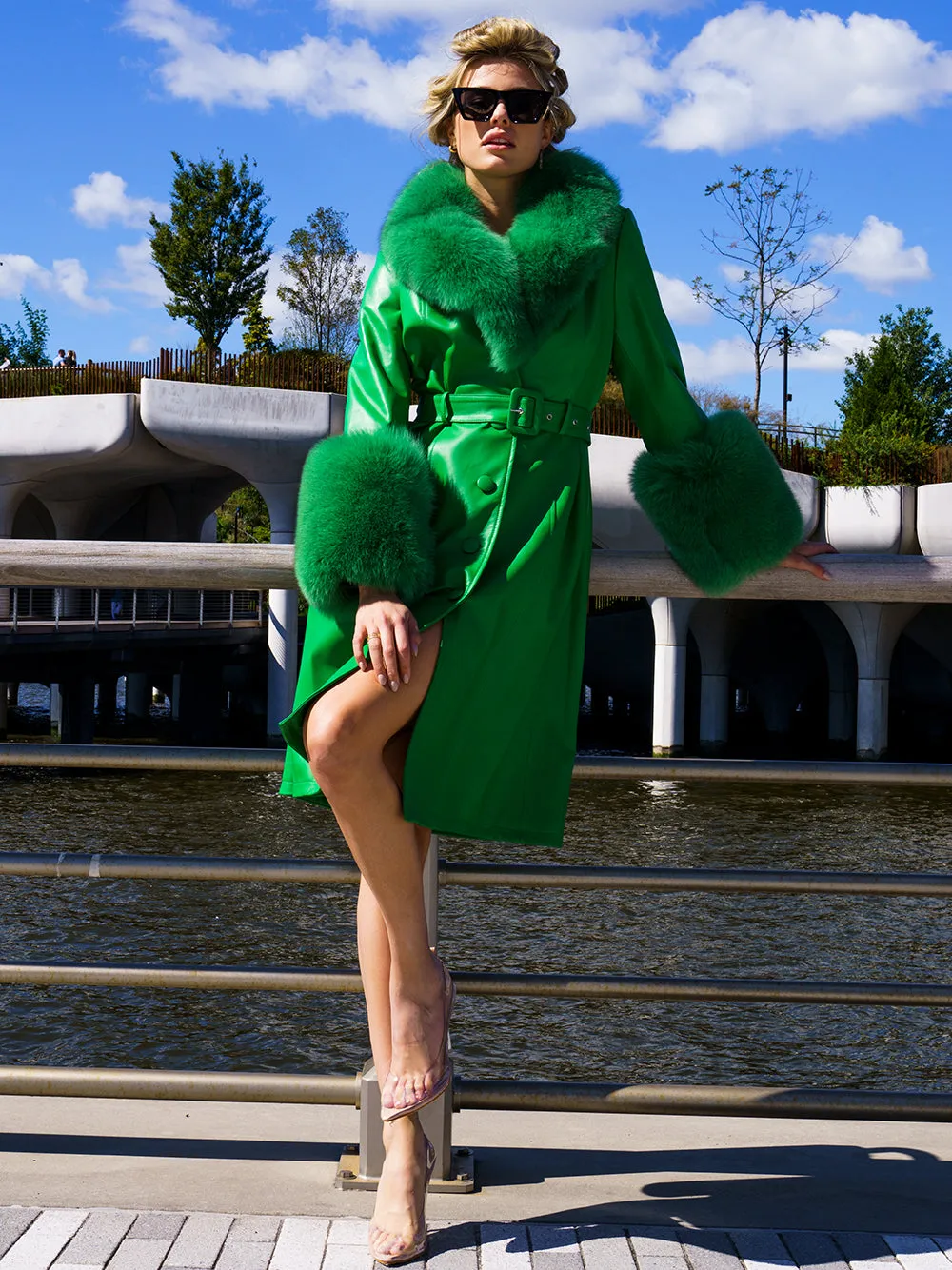 Faux Fur Genuine Leather Coat In Emerald Green