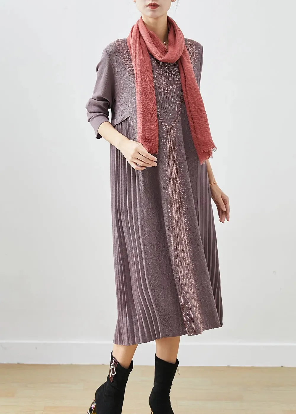 French Purple Grey Jacquard Knit Maxi Pleated Dresses Fall ML3148