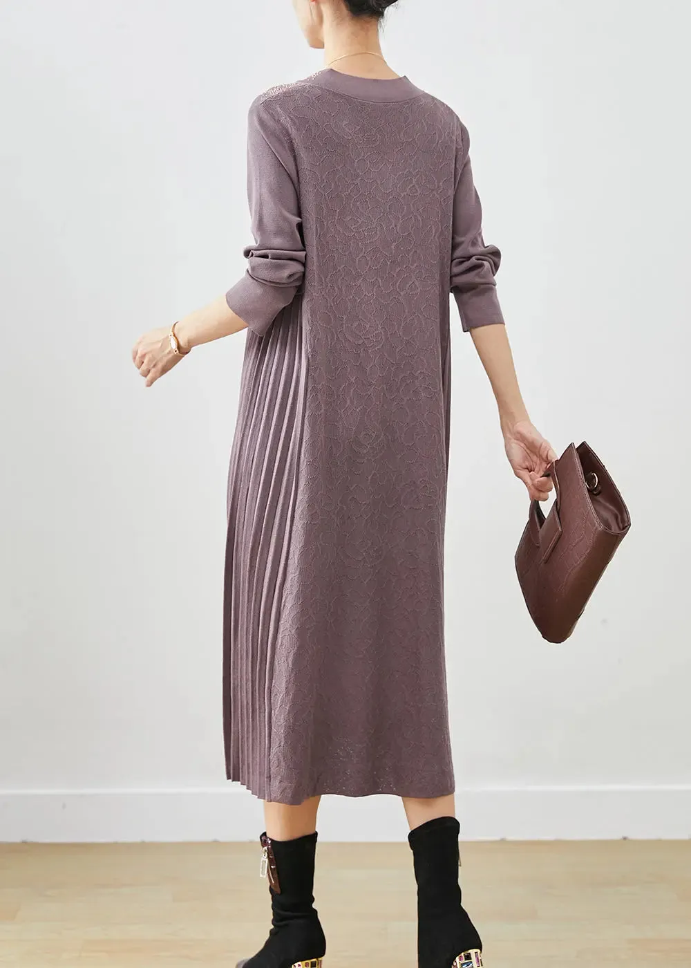 French Purple Grey Jacquard Knit Maxi Pleated Dresses Fall ML3148