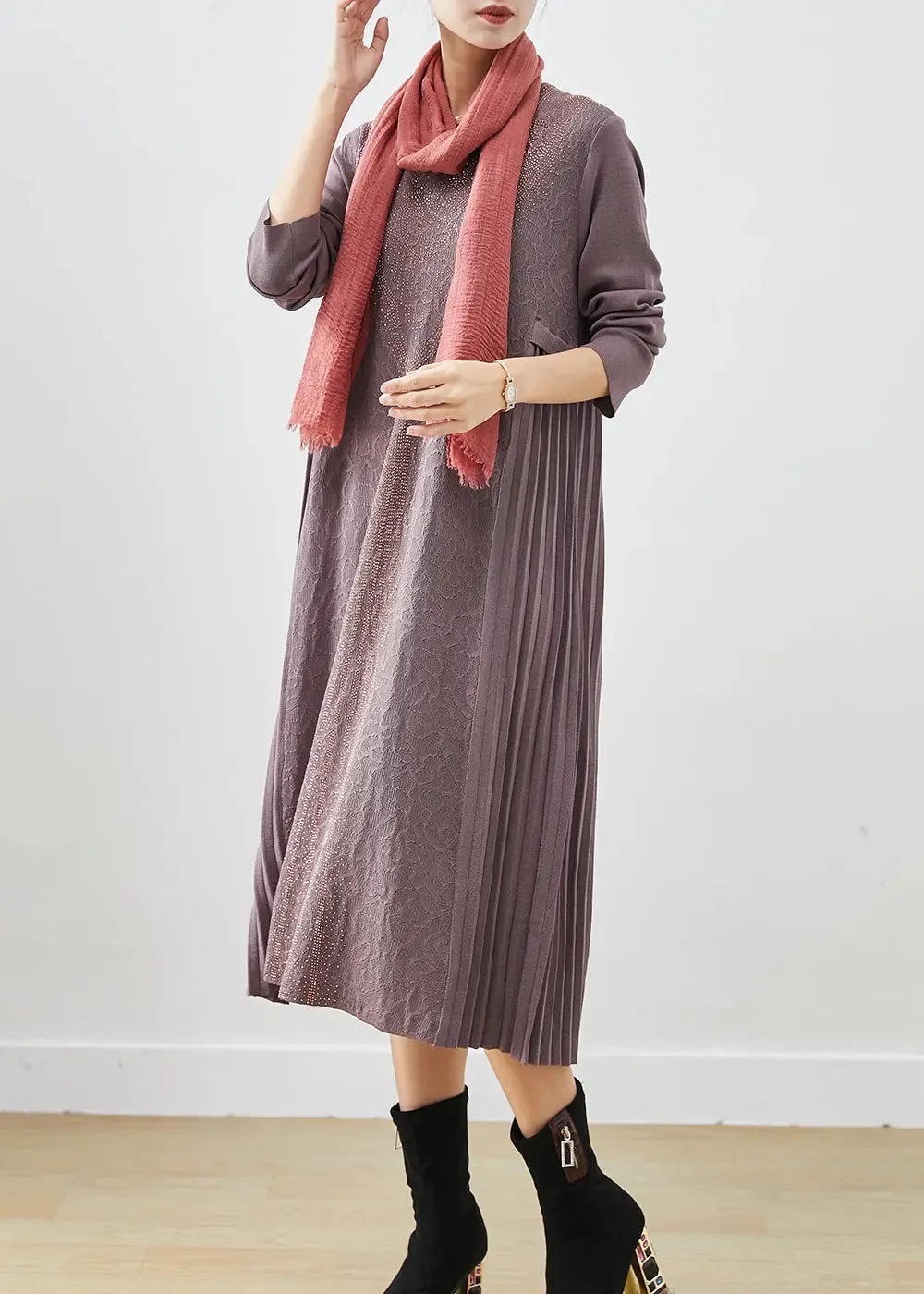 French Purple Grey Jacquard Knit Maxi Pleated Dresses Fall ML3148