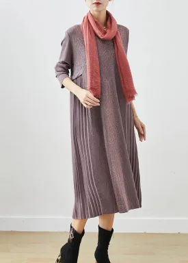 French Purple Grey Jacquard Knit Maxi Pleated Dresses Fall ML3148