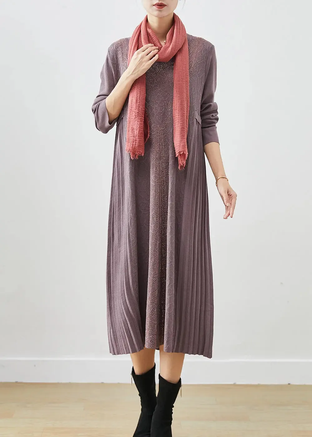 French Purple Grey Jacquard Knit Maxi Pleated Dresses Fall ML3148
