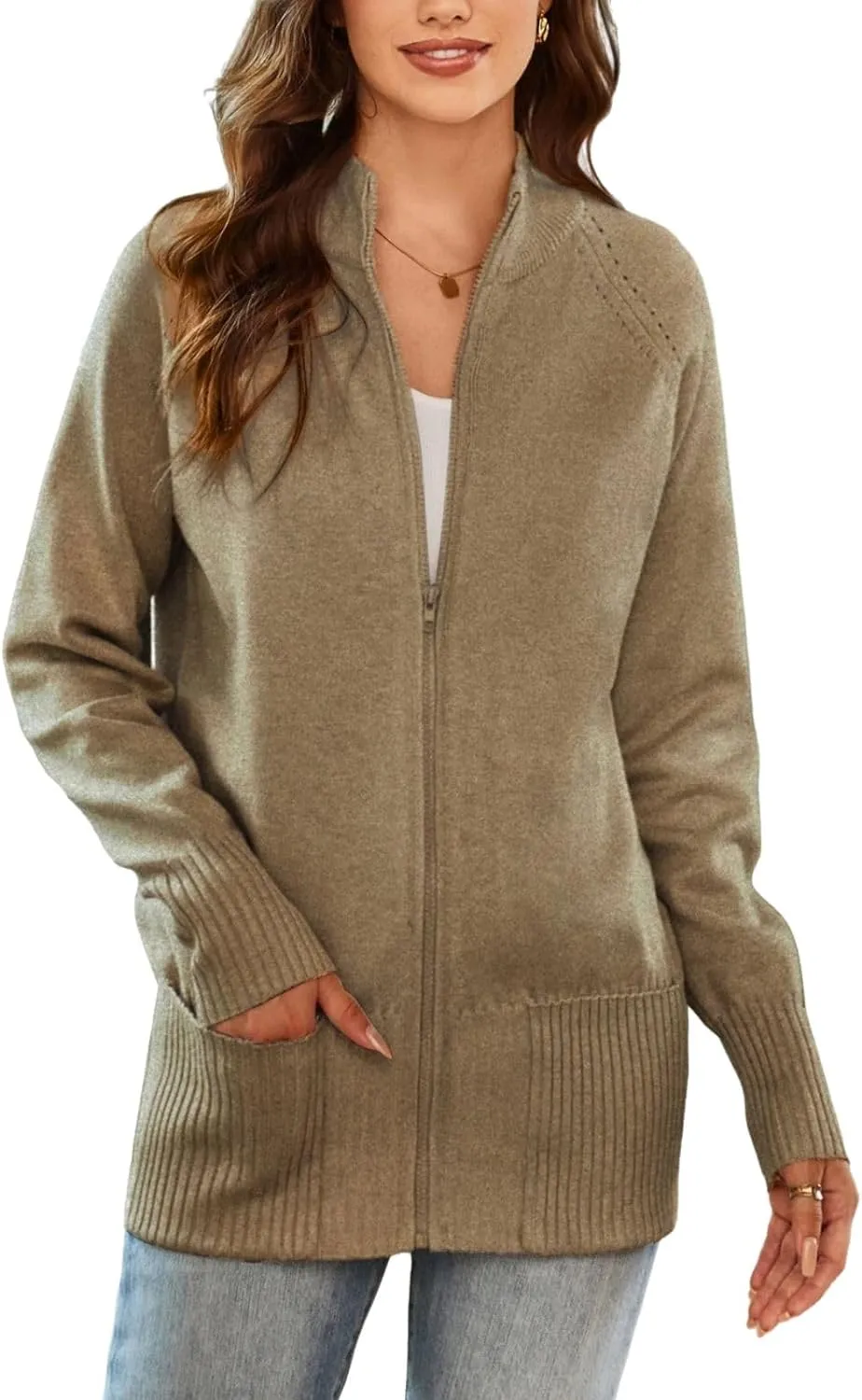 GRACE KARIN Women's Long Sleeve Zip Up Knit Cardigan with Pockets Stand Collar Full Zip Sweater Coat Lightweight