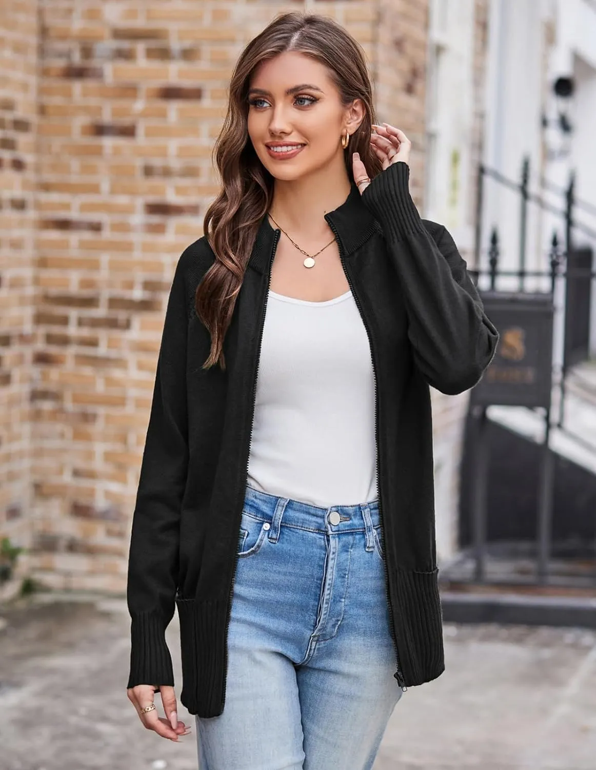GRACE KARIN Women's Long Sleeve Zip Up Knit Cardigan with Pockets Stand Collar Full Zip Sweater Coat Lightweight