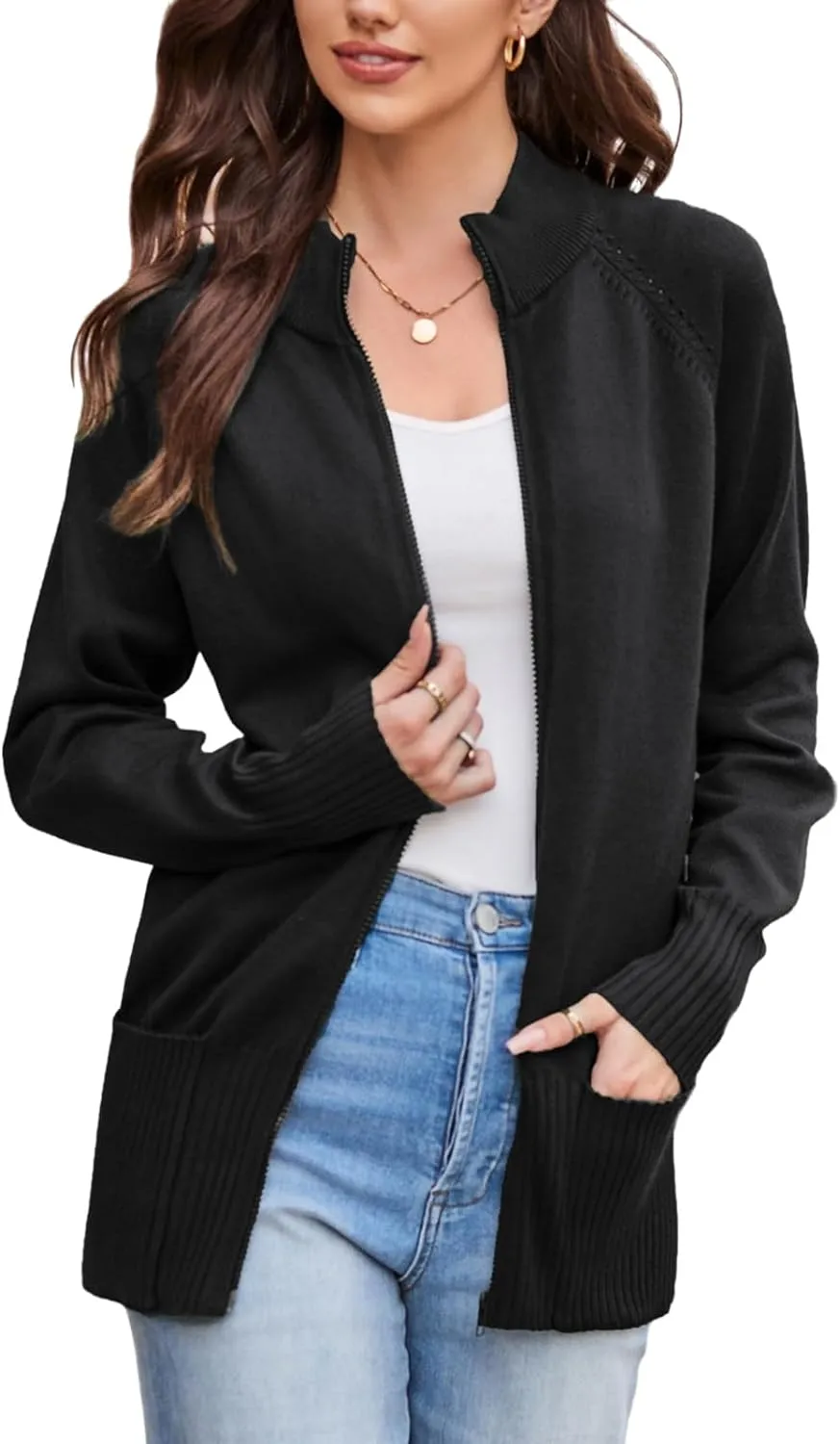 GRACE KARIN Women's Long Sleeve Zip Up Knit Cardigan with Pockets Stand Collar Full Zip Sweater Coat Lightweight