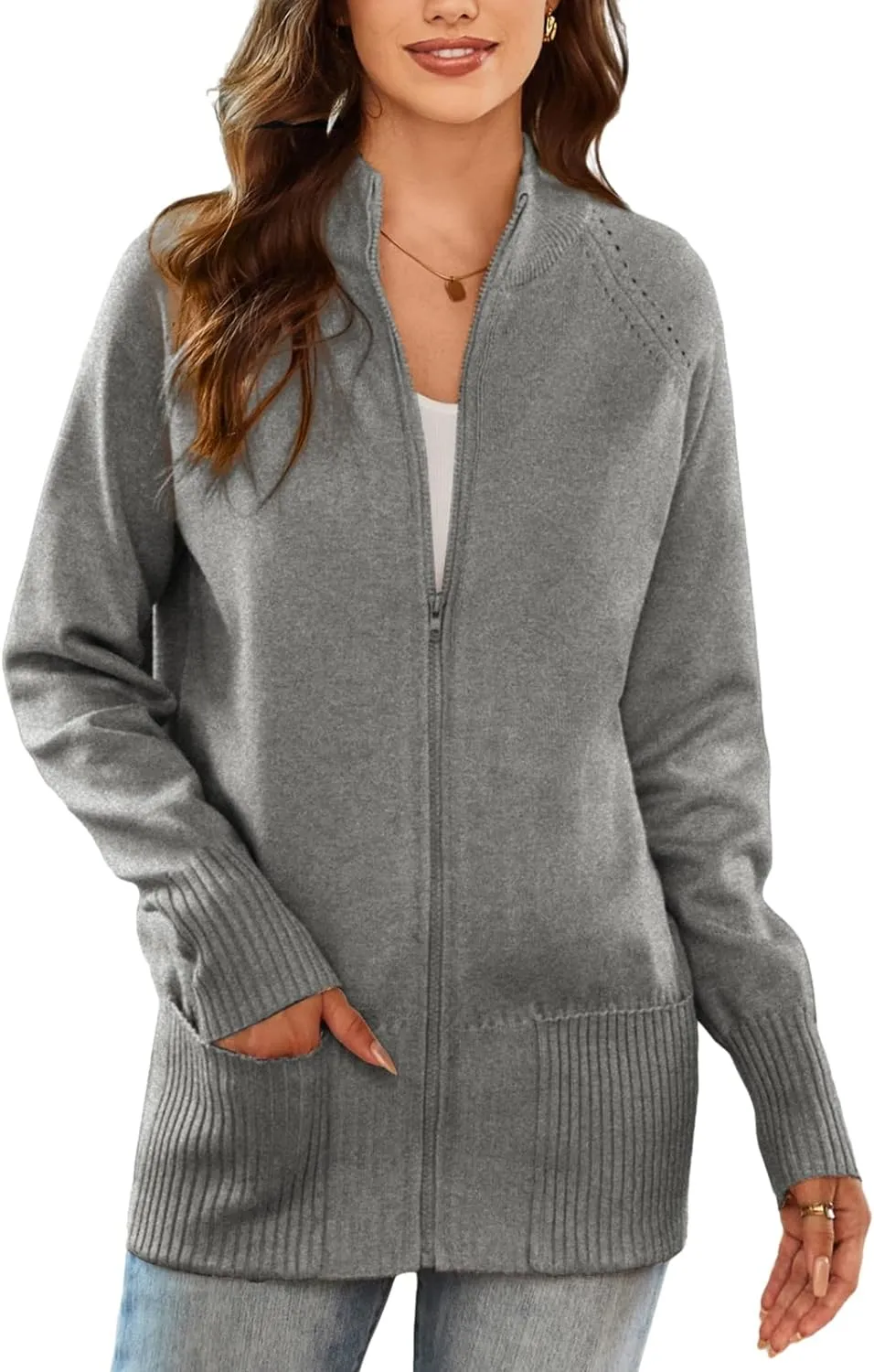 GRACE KARIN Women's Long Sleeve Zip Up Knit Cardigan with Pockets Stand Collar Full Zip Sweater Coat Lightweight