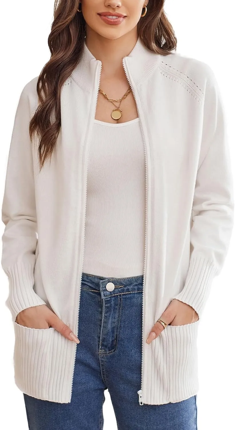 GRACE KARIN Women's Long Sleeve Zip Up Knit Cardigan with Pockets Stand Collar Full Zip Sweater Coat Lightweight