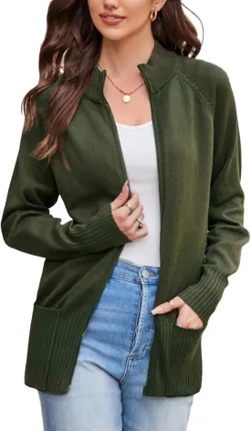 GRACE KARIN Women's Long Sleeve Zip Up Knit Cardigan with Pockets Stand Collar Full Zip Sweater Coat Lightweight