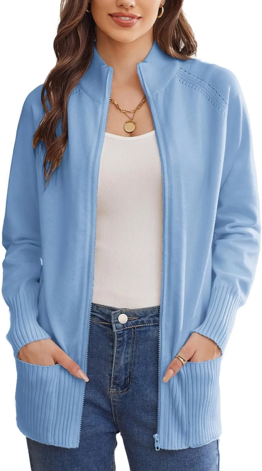 GRACE KARIN Women's Long Sleeve Zip Up Knit Cardigan with Pockets Stand Collar Full Zip Sweater Coat Lightweight