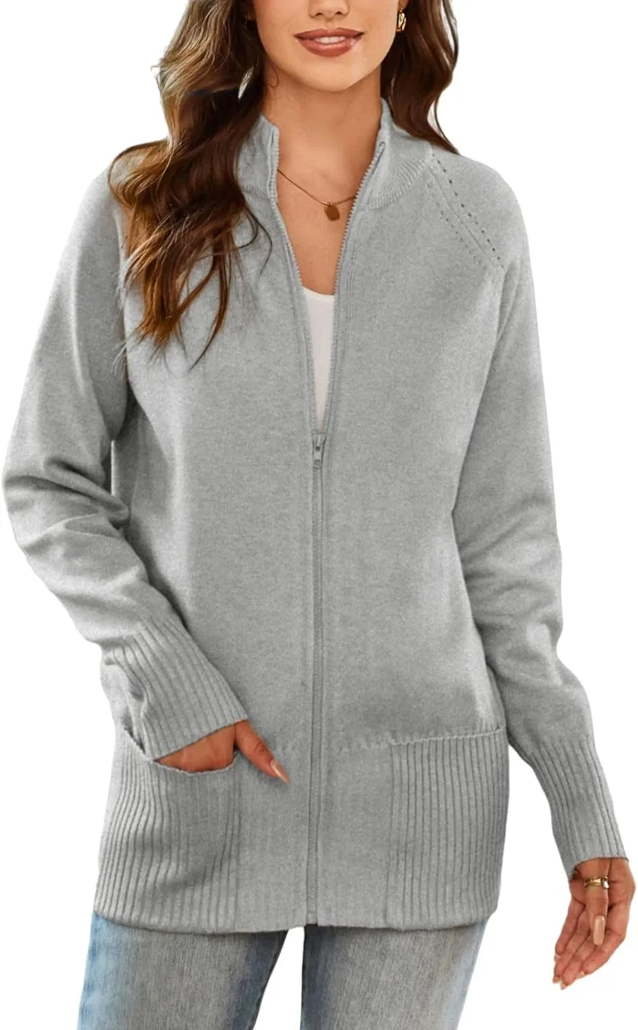 GRACE KARIN Women's Long Sleeve Zip Up Knit Cardigan with Pockets Stand Collar Full Zip Sweater Coat Lightweight