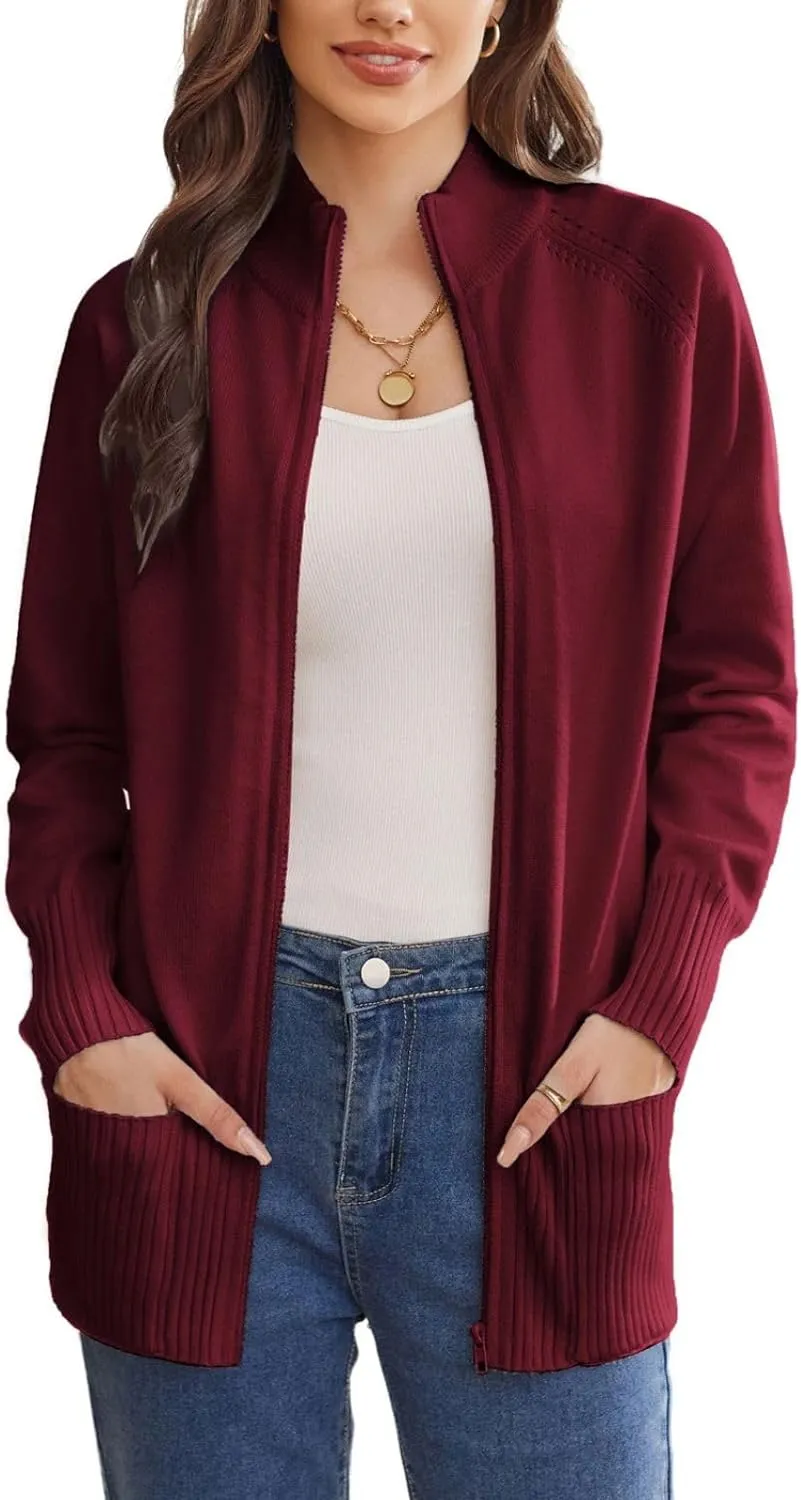 GRACE KARIN Women's Long Sleeve Zip Up Knit Cardigan with Pockets Stand Collar Full Zip Sweater Coat Lightweight
