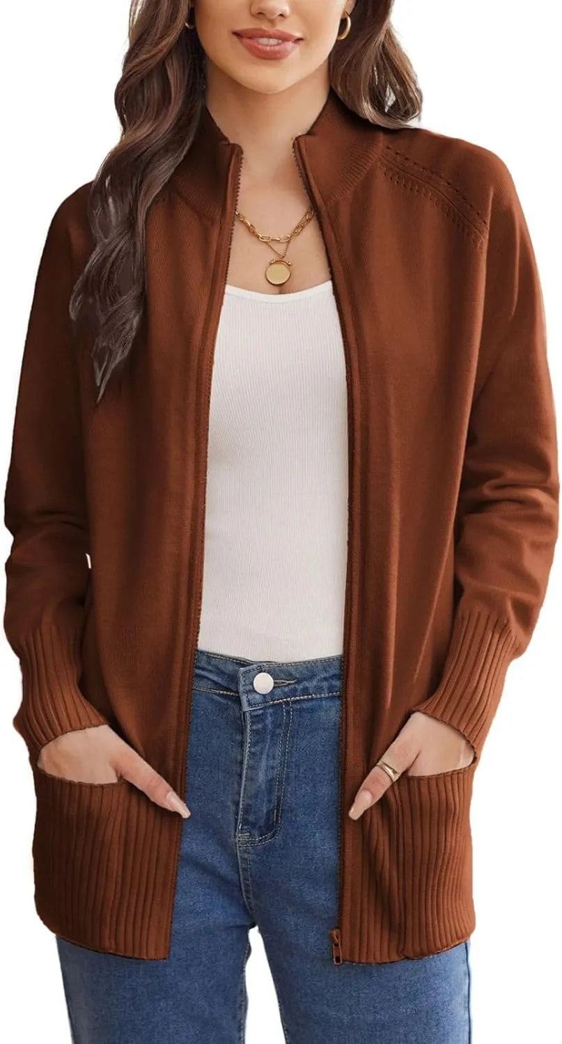 GRACE KARIN Women's Long Sleeve Zip Up Knit Cardigan with Pockets Stand Collar Full Zip Sweater Coat Lightweight
