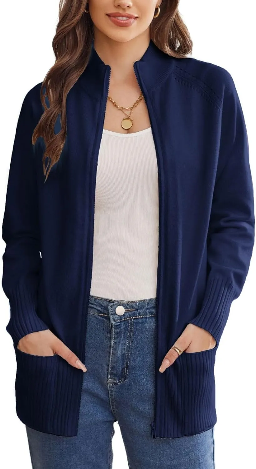 GRACE KARIN Women's Long Sleeve Zip Up Knit Cardigan with Pockets Stand Collar Full Zip Sweater Coat Lightweight