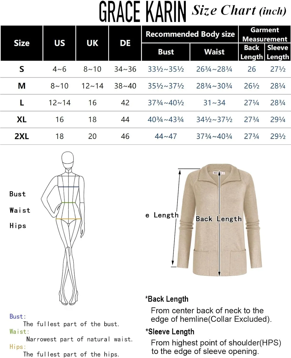 GRACE KARIN Women's Long Sleeve Zip Up Knit Cardigan with Pockets Stand Collar Full Zip Sweater Coat Lightweight