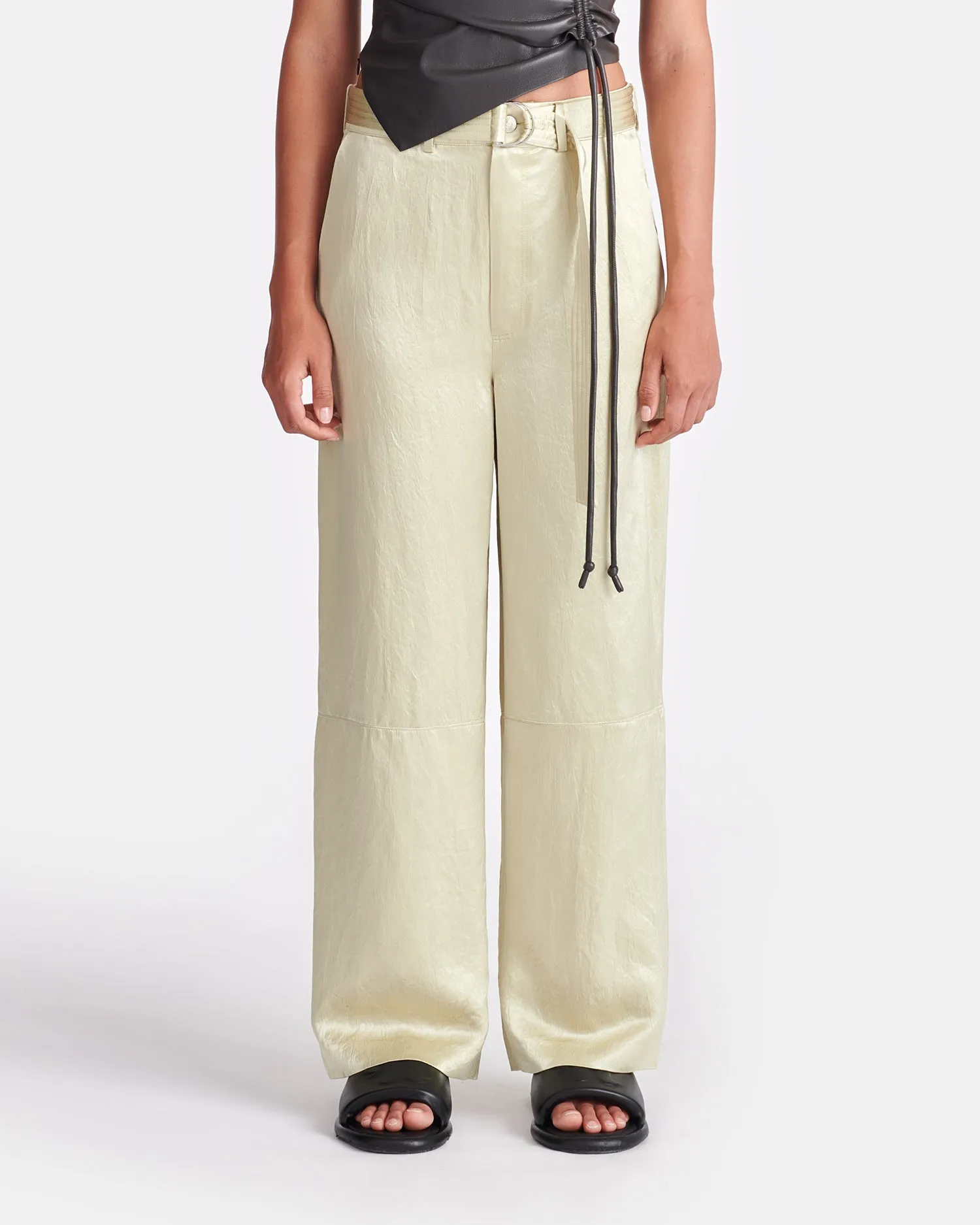 Husna - Belted Crinkled-Satin Pants - Green Tea