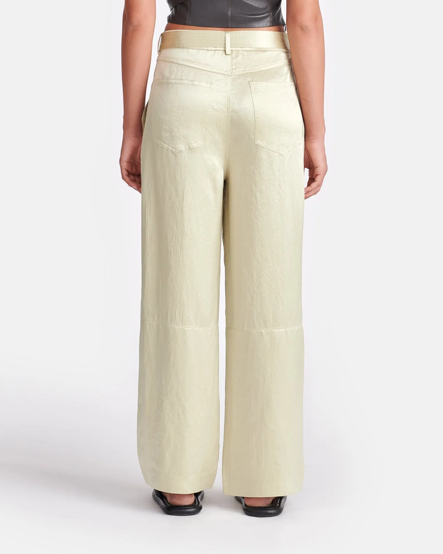 Husna - Belted Crinkled-Satin Pants - Green Tea