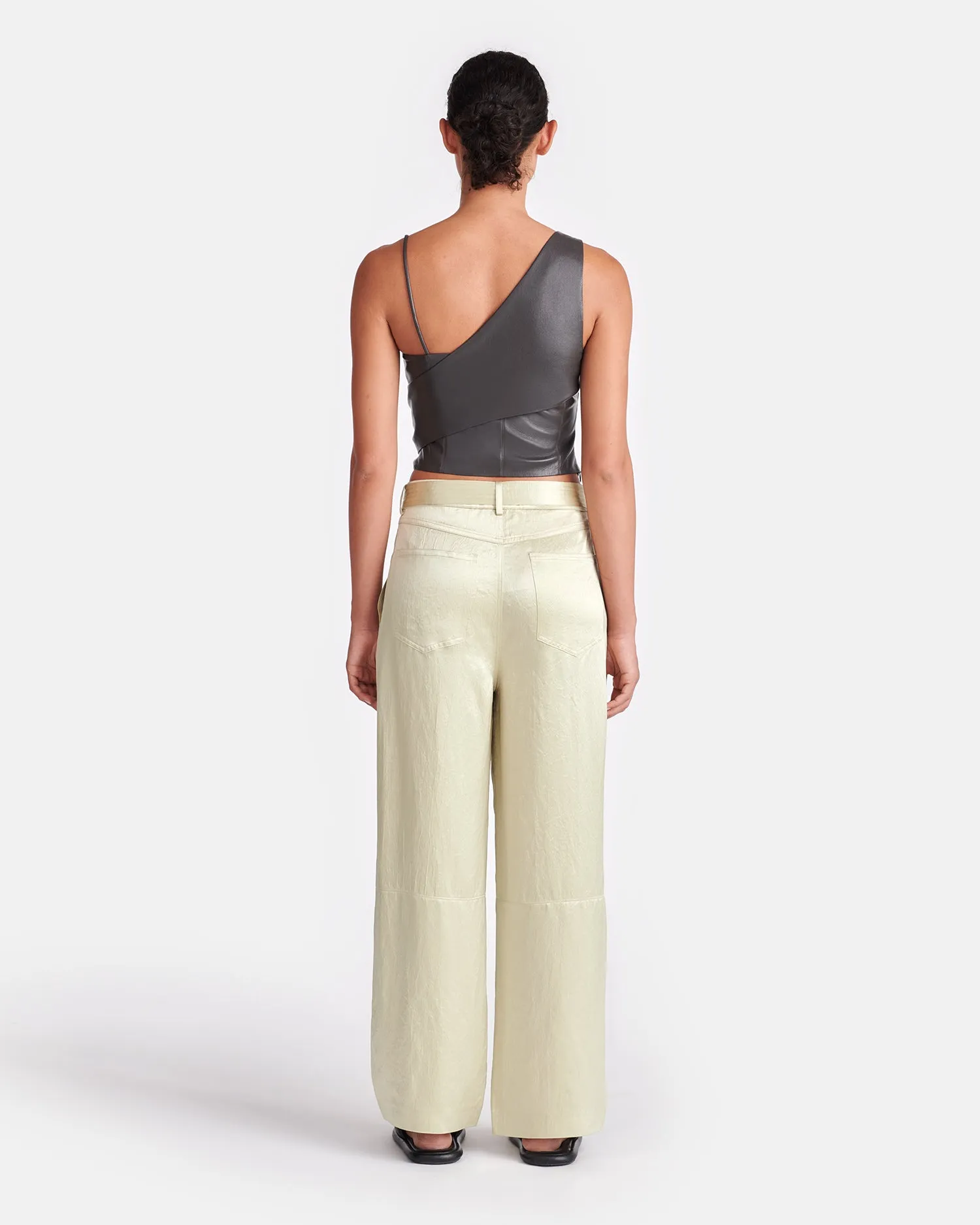 Husna - Belted Crinkled-Satin Pants - Green Tea