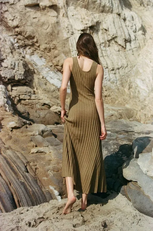Knit Linen Sweater Ribbed Sleeveless Flare Dress.