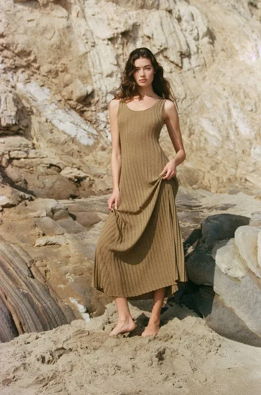 Knit Linen Sweater Ribbed Sleeveless Flare Dress.