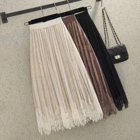 Lace Pleated Velvet Midi Skirt