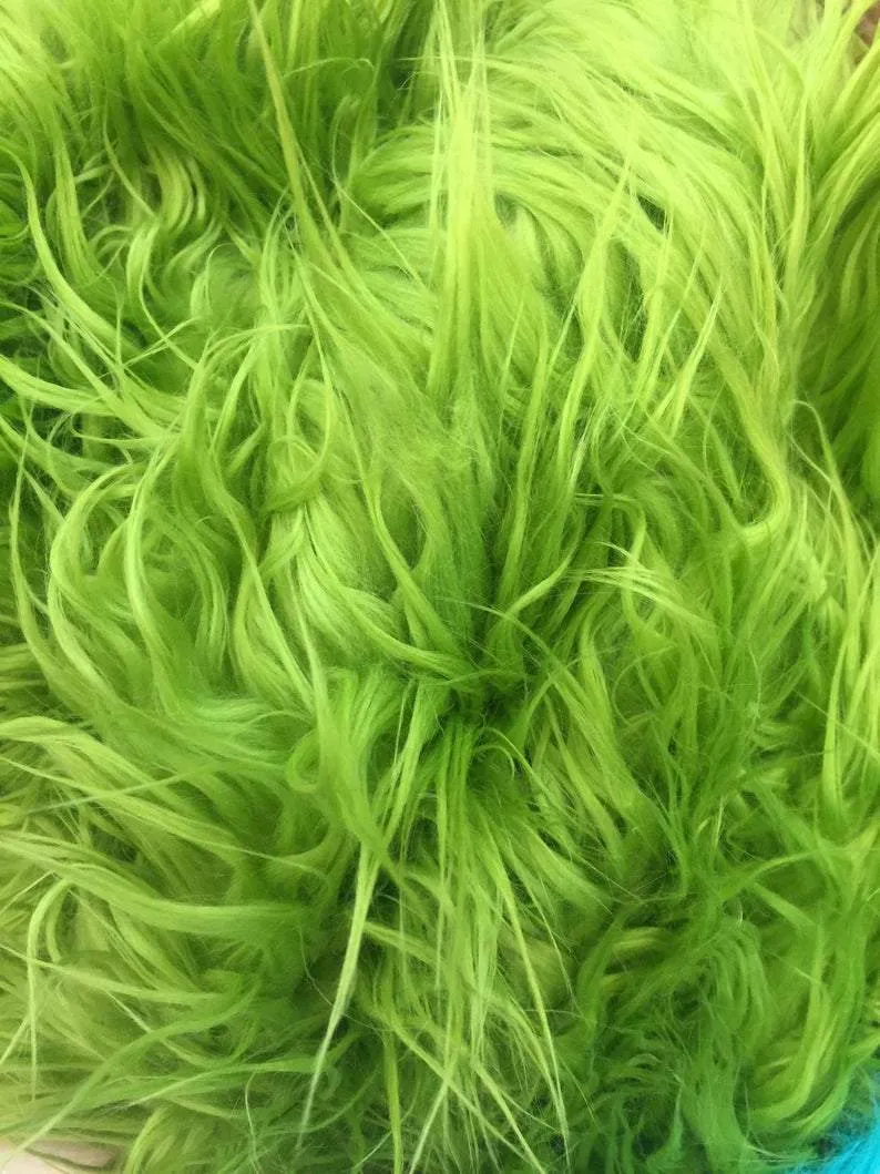 Lime Green Solid Mongolian Long Pile Animal Faux Fur Fabric For Coats, Fur Clothing, Blankets, Bed Spreads, Throw Blanket Sold By The Yard