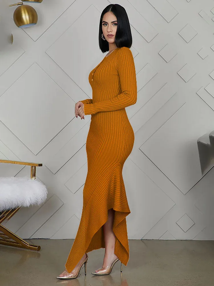 Long Sleeve Knit Button Maxi Dresses