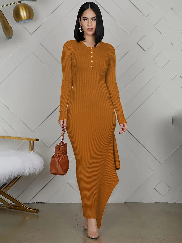 Long Sleeve Knit Button Maxi Dresses