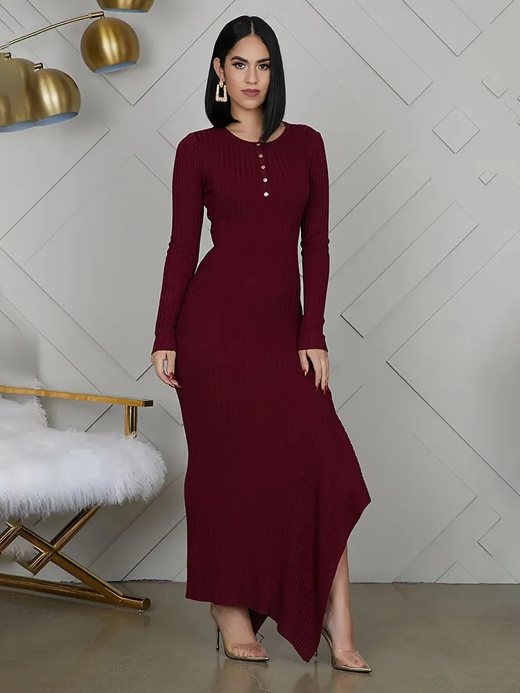 Long Sleeve Knit Button Maxi Dresses
