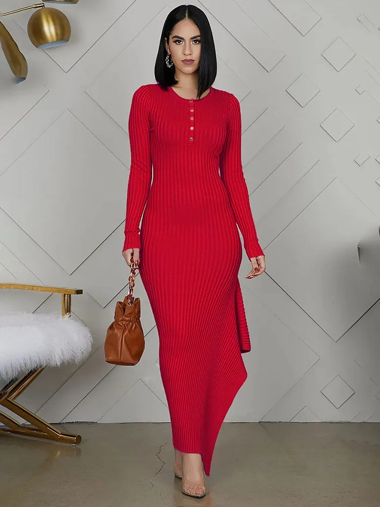 Long Sleeve Knit Button Maxi Dresses