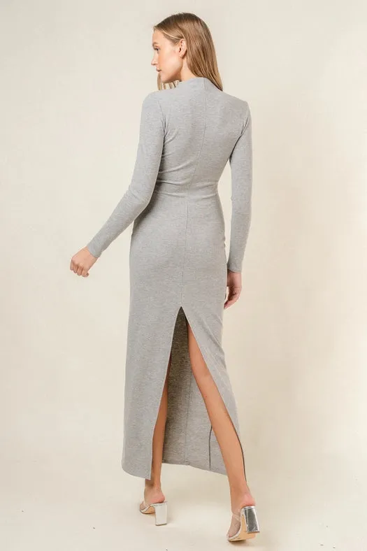Long Sleeve Princess Line Back Slit Maxi DRESS  H. GREY