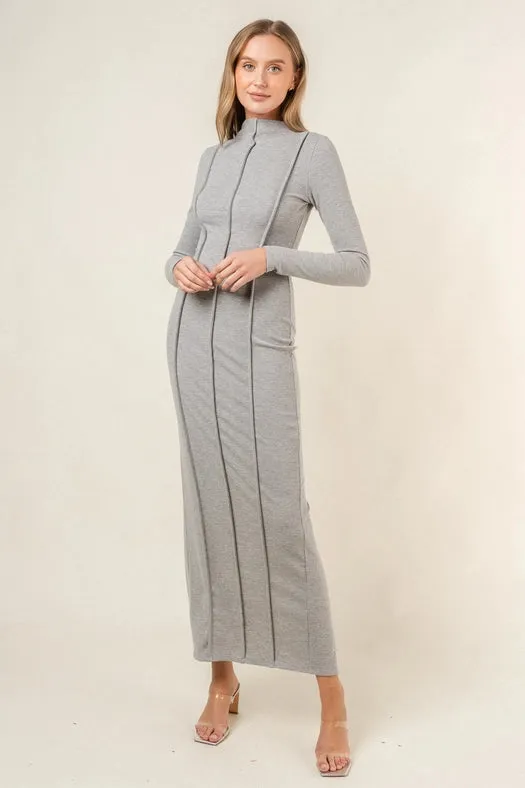 Long Sleeve Princess Line Back Slit Maxi DRESS  H. GREY