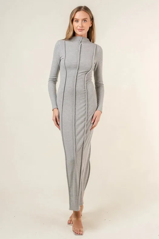 Long Sleeve Princess Line Back Slit Maxi DRESS  H. GREY